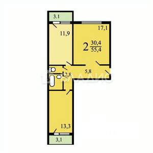 2-к квартира, на длительный срок, 55м2, 4/14 этаж