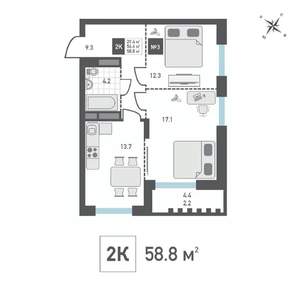2-к квартира, вторичка, 59м2, 3/14 этаж