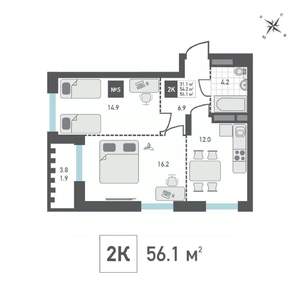 2-к квартира, вторичка, 56м2, 3/14 этаж