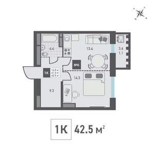 1-к квартира, строящийся дом, 43м2, 12/14 этаж