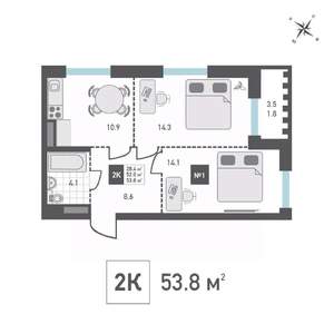 2-к квартира, строящийся дом, 54м2, 3/14 этаж