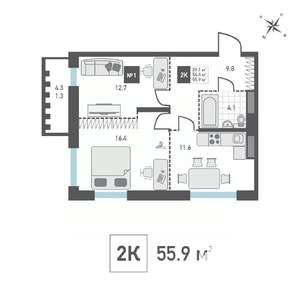 2-к квартира, строящийся дом, 56м2, 9/14 этаж