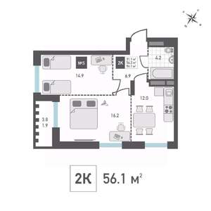 2-к квартира, строящийся дом, 56м2, 6/14 этаж