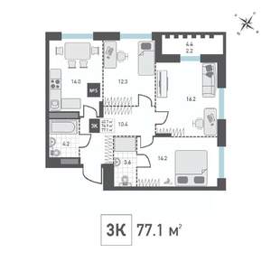 3-к квартира, строящийся дом, 77м2, 3/14 этаж