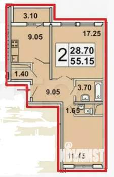 2-к квартира, вторичка, 53м2, 3/15 этаж