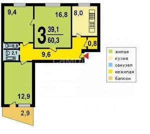 3-к квартира, вторичка, 61м2, 7/9 этаж