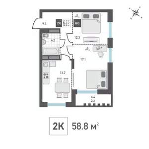 2-к квартира, вторичка, 59м2, 2/14 этаж