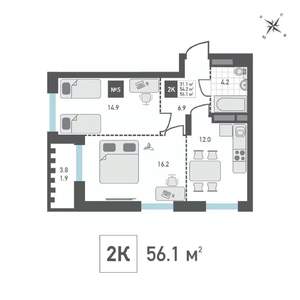 2-к квартира, вторичка, 56м2, 12/15 этаж