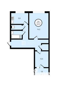 2-к квартира, вторичка, 45м2, 1/9 этаж