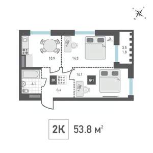 2-к квартира, вторичка, 54м2, 2/15 этаж