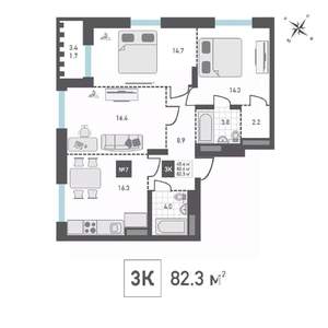 3-к квартира, строящийся дом, 82м2, 10/15 этаж