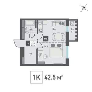 1-к квартира, строящийся дом, 43м2, 7/14 этаж