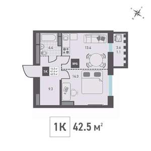 1-к квартира, вторичка, 43м2, 8/14 этаж