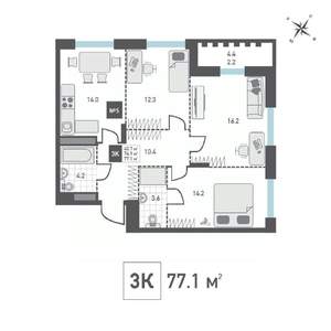 3-к квартира, вторичка, 77м2, 2/14 этаж