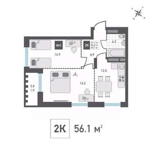 2-к квартира, вторичка, 56м2, 13/15 этаж