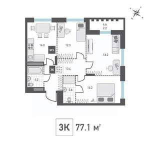 3-к квартира, строящийся дом, 77м2, 2/14 этаж