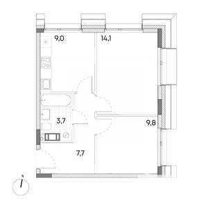 2-к квартира, строящийся дом, 44м2, 7/7 этаж