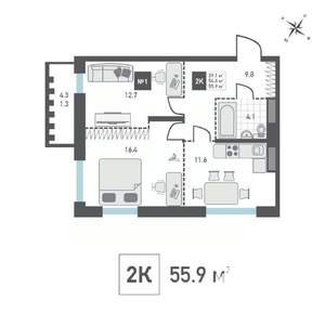 2-к квартира, строящийся дом, 56м2, 12/14 этаж