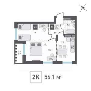 2-к квартира, строящийся дом, 56м2, 12/15 этаж