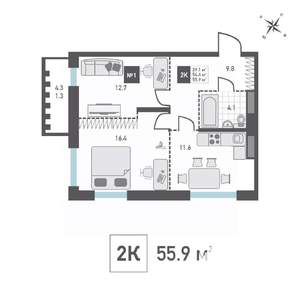 2-к квартира, вторичка, 56м2, 3/14 этаж