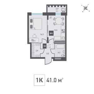 1-к квартира, вторичка, 41м2, 2/14 этаж