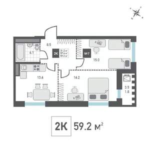 2-к квартира, строящийся дом, 59м2, 8/14 этаж