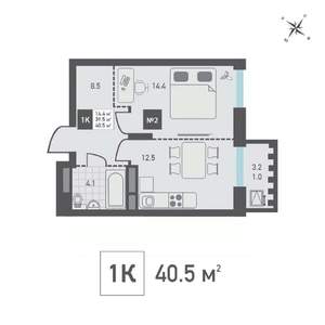1-к квартира, строящийся дом, 41м2, 2/14 этаж