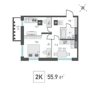 2-к квартира, вторичка, 56м2, 7/14 этаж