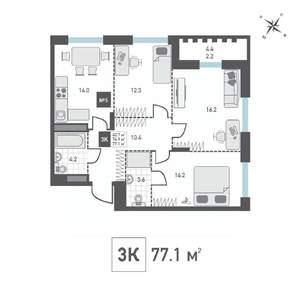 3-к квартира, строящийся дом, 77м2, 2/14 этаж