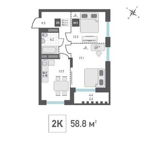 2-к квартира, вторичка, 59м2, 13/15 этаж