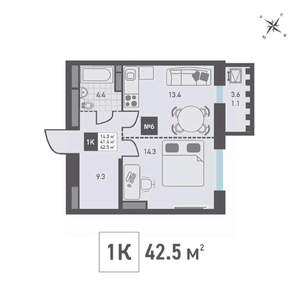 1-к квартира, вторичка, 43м2, 10/14 этаж