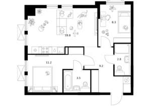 2-к квартира, вторичка, 54м2, 22/25 этаж