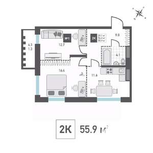 2-к квартира, строящийся дом, 56м2, 2/14 этаж