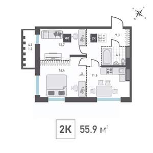 2-к квартира, вторичка, 56м2, 2/14 этаж