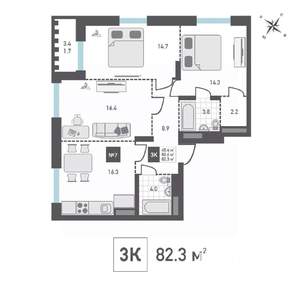 3-к квартира, вторичка, 82м2, 3/14 этаж