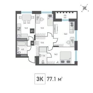 3-к квартира, строящийся дом, 77м2, 3/14 этаж