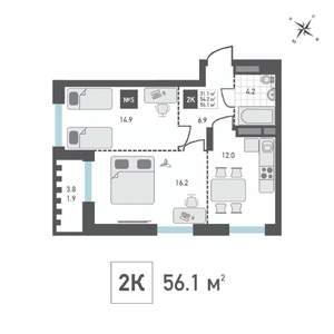 2-к квартира, вторичка, 56м2, 14/15 этаж