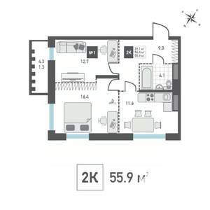 2-к квартира, строящийся дом, 56м2, 12/14 этаж