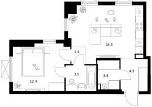 1-к квартира, вторичка, 43м2, 21/25 этаж