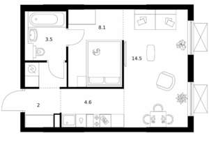 1-к квартира, вторичка, 35м2, 6/14 этаж