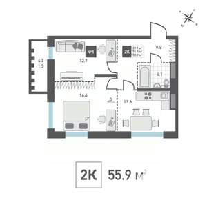 2-к квартира, строящийся дом, 56м2, 8/14 этаж