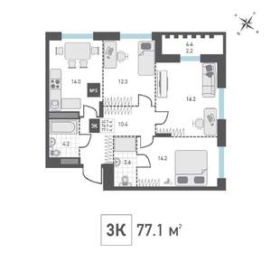 3-к квартира, вторичка, 77м2, 3/14 этаж