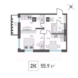 2-к квартира, строящийся дом, 56м2, 9/14 этаж