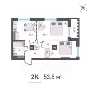 2-к квартира, строящийся дом, 54м2, 10/15 этаж