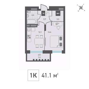 1-к квартира, вторичка, 41м2, 11/14 этаж