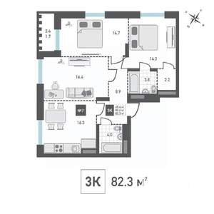3-к квартира, вторичка, 82м2, 4/15 этаж