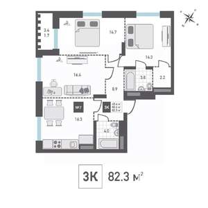 3-к квартира, вторичка, 82м2, 14/15 этаж