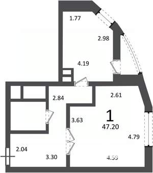 1-к квартира, вторичка, 47м2, 8/19 этаж