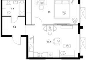 1-к квартира, вторичка, 44м2, 19/25 этаж