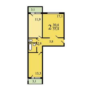 2-к квартира, вторичка, 55м2, 8/14 этаж